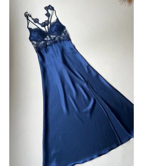 BLUE 6 PCS LONG SLIT SILK NIGHTY SET