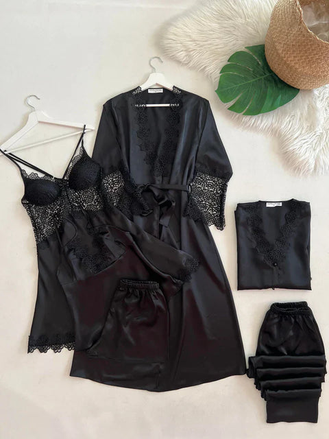 6-Piece Ssilk Black Nightgown Set