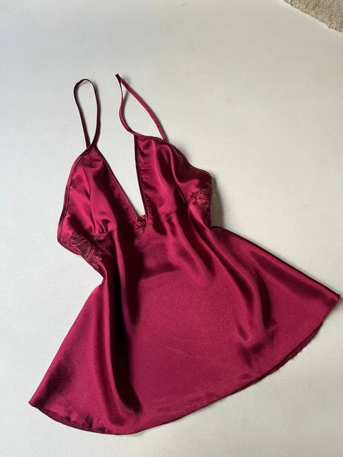 chance fashion  6 Pcs Long Slit Silk Nighty Set Maroon