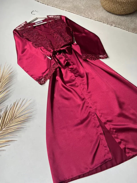 chance fashion  6 Pcs Long Slit Silk Nighty Set Maroon